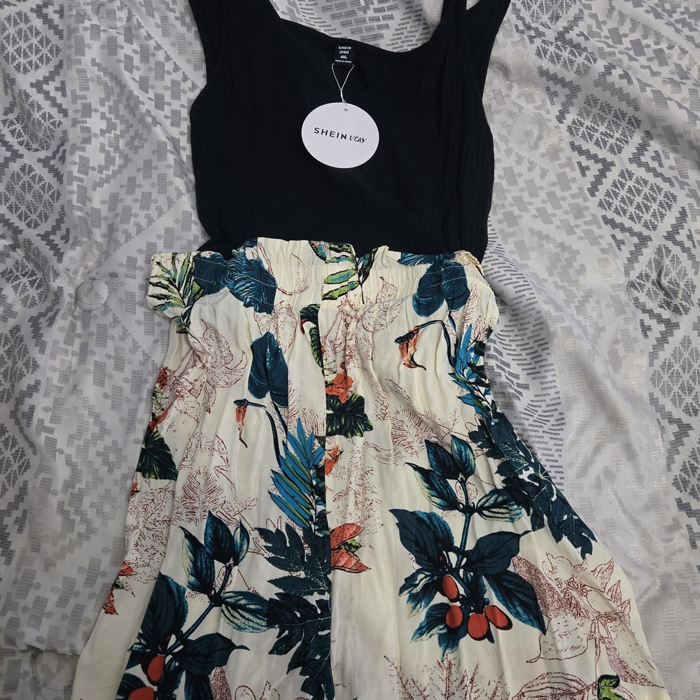 SHEIN Black and Multicolor Tropical Jumpsuit